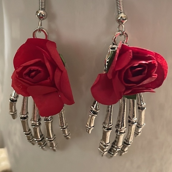 Silver Skeleton Rose Hand Halloween Earrings - Picture 9 of 9